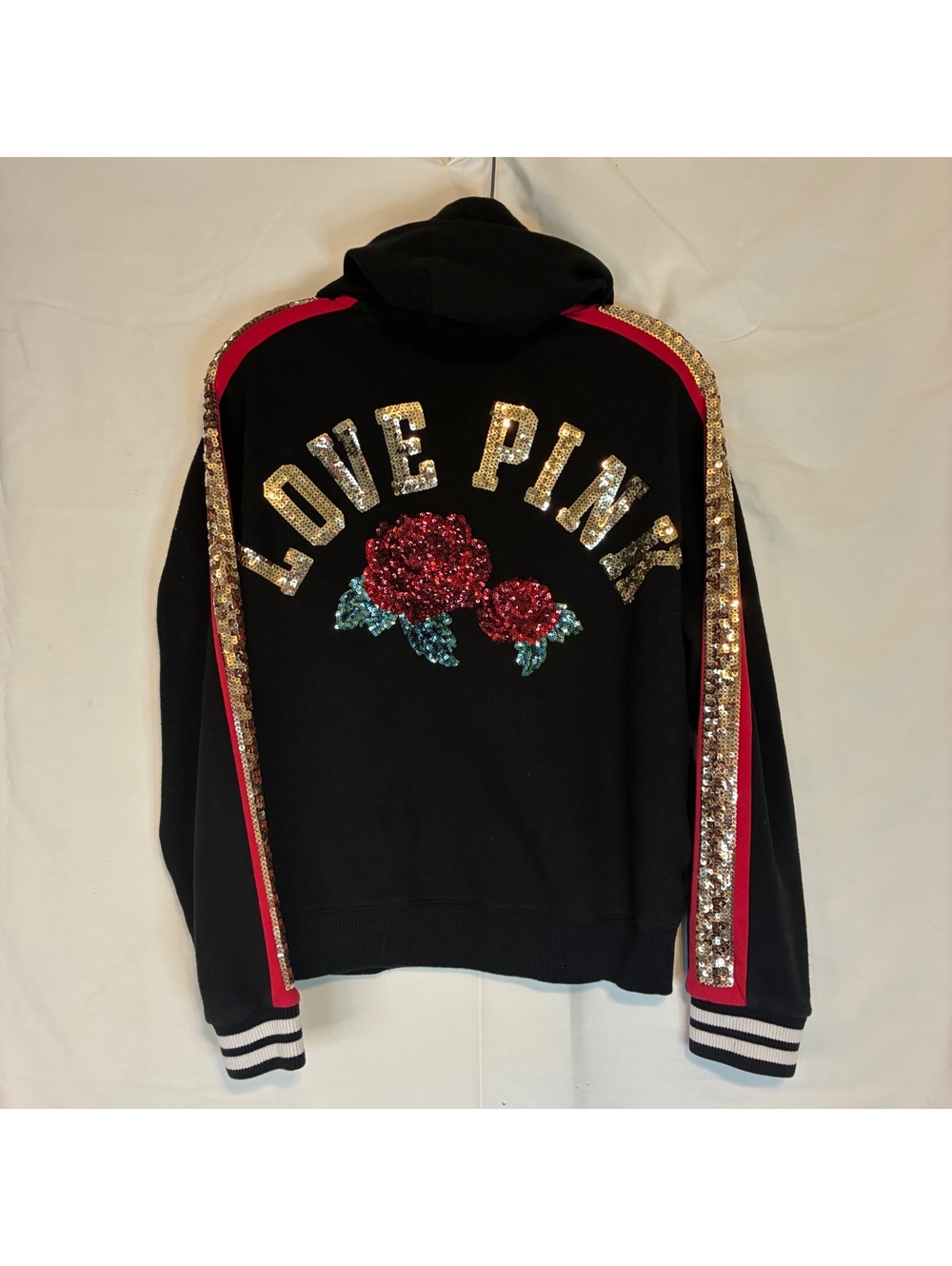 Victorias Secret PINK Special Edition Y2K Black Bling Sequin Red Rose Hoodie SzS